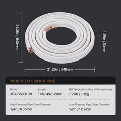 4876.8mm Mini Split Line Set, 6.4 & 12.7mm O.D Copper Pipes Tubing and Triple-Layer Insulation, for Air Conditioning or Heating Pump Equipment & HVAC with Rich Accessories (18ft Connection Cable
