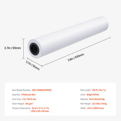 Wide Format Paper, 609.6 mm x 45.7 m Plotter Paper, 4 Rolls CAD Bond Rolls with 50.8 mm Core, 10 KG Plotter Paper Rolls, for CAD Drawings, Engineering Plans, GIS Maps & Architectural Designs