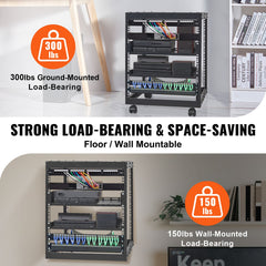 12U Open Frame Server Rack, 15''-40'' Adjustable Depth, Free Standing or Wall Mount Network Server Rack, 4 Post AV Rack with Casters, Holds All Your Networking IT Equipment AV Gear Router Modem