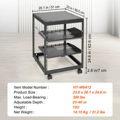 12U Open Frame Server Rack, 15''-40'' Adjustable Depth, Free Standing or Wall Mount Network Server Rack, 4 Post AV Rack with Casters, Holds All Your Networking IT Equipment AV Gear Router Modem