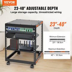 12U Open Frame Server Rack, 15''-40'' Adjustable Depth, Free Standing or Wall Mount Network Server Rack, 4 Post AV Rack with Casters, Holds All Your Networking IT Equipment AV Gear Router Modem