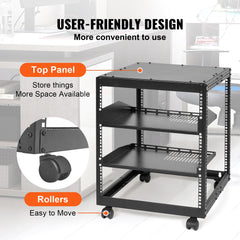 12U Open Frame Server Rack, 15''-40'' Adjustable Depth, Free Standing or Wall Mount Network Server Rack, 4 Post AV Rack with Casters, Holds All Your Networking IT Equipment AV Gear Router Modem