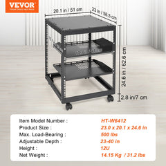 12U Open Frame Server Rack, 15''-40'' Adjustable Depth, Free Standing or Wall Mount Network Server Rack, 4 Post AV Rack with Casters, Holds All Your Networking IT Equipment AV Gear Router Modem