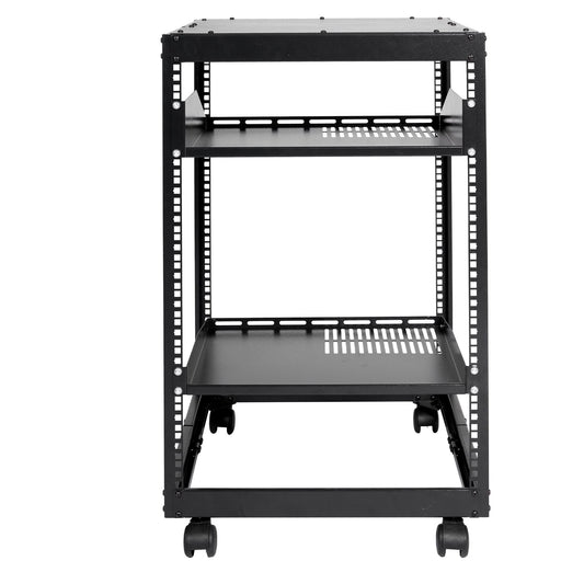 15U Open Frame Server Rack, 23-40 in Adjustable Depth, Free Standing or Wall Mount Network Server Rack, 4 Post AV Rack with Casters, Holds All Your Networking IT Equipment AV Gear Router Modem
