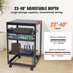 15U Open Frame Server Rack, 23-40 in Adjustable Depth, Free Standing or Wall Mount Network Server Rack, 4 Post AV Rack with Casters, Holds All Your Networking IT Equipment AV Gear Router Modem
