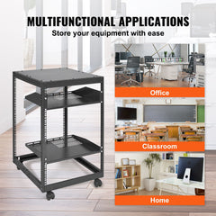 15U Open Frame Server Rack, 23-40 in Adjustable Depth, Free Standing or Wall Mount Network Server Rack, 4 Post AV Rack with Casters, Holds All Your Networking IT Equipment AV Gear Router Modem