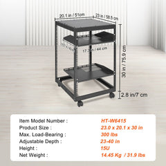 15U Open Frame Server Rack, 23-40 in Adjustable Depth, Free Standing or Wall Mount Network Server Rack, 4 Post AV Rack with Casters, Holds All Your Networking IT Equipment AV Gear Router Modem