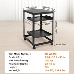15U Open Frame Server Rack, 23-40 in Adjustable Depth, Free Standing or Wall Mount Network Server Rack, 4 Post AV Rack with Casters, Holds All Your Networking IT Equipment AV Gear Router Modem