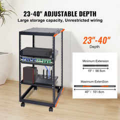 20U Open Frame Server Rack, 15''-40'' Adjustable Depth, Free Standing or Wall Mount Network Server Rack, 4 Post AV Rack with Casters, Holds All Your Networking IT Equipment AV Gear Router Modem
