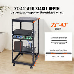 20U Open Frame Server Rack, 15''-40'' Adjustable Depth, Free Standing or Wall Mount Network Server Rack, 4 Post AV Rack with Casters, Holds All Your Networking IT Equipment AV Gear Router Modem