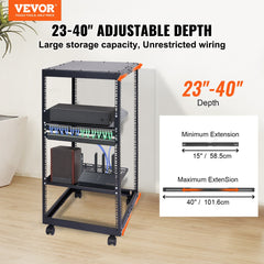 20U Open Frame Server Rack, 15''-40'' Adjustable Depth, Free Standing or Wall Mount Network Server Rack, 4 Post AV Rack with Casters, Holds All Your Networking IT Equipment AV Gear Router Modem