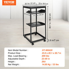 20U Open Frame Server Rack, 15''-40'' Adjustable Depth, Free Standing or Wall Mount Network Server Rack, 4 Post AV Rack with Casters, Holds All Your Networking IT Equipment AV Gear Router Modem