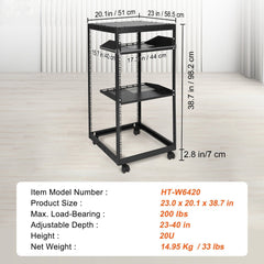 20U Open Frame Server Rack, 15''-40'' Adjustable Depth, Free Standing or Wall Mount Network Server Rack, 4 Post AV Rack with Casters, Holds All Your Networking IT Equipment AV Gear Router Modem