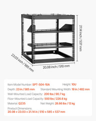 10U Open Frame Network Rack, 585 mm Depth, Wall Mounted or Floor Standing Server Rack, Heavy Duty 4 Post, with Vented Shelves & Mounting Hardware, Holds All Your Networking IT Equipment AV Gear