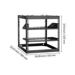 10U Open Frame Network Rack, 585 mm Depth, Wall Mounted or Floor Standing Server Rack, Heavy Duty 4 Post, with Vented Shelves & Mounting Hardware, Holds All Your Networking IT Equipment AV Gear