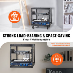 9U Open Frame Server Rack, 584.2 to 1016 mm Adjustable Depth, Free Standing or Wall Mount Network Server Rack with 360° Casters, Heavy Duty 4 Post Holds All Your Networking IT Equipment AV Gear
