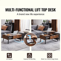 Lift Top Coffee Table 39.4 in Rectangle Coffee Table for Living Room Brown