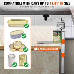 Commercial Can Opener, Heavy-Duty Manual Tabletop Cans Opener for Cans Up to 300 mm Height, Height-Adjustable Professional Can Openers with Stainless Steel Blade, for Restaurant & Food Store