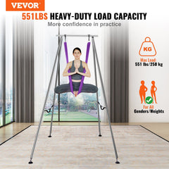Aerial Yoga Frame & Yoga Hammock, 2950 mm Height Professional Yoga Swing Stand Comes with 12 m Length Aerial Hammock, Max 250 kg Load Capacity Yoga Rig for Indoor Outdoor Aerial Yoga, Purple