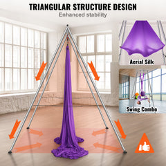 Aerial Yoga Frame & Yoga Hammock, 2950 mm Height Professional Yoga Swing Stand Comes with 12 m Length Aerial Hammock, Max 250 kg Load Capacity Yoga Rig for Indoor Outdoor Aerial Yoga, Purple