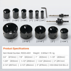 Hole Saw Kit, 11 PCS Saw Blades, 2 Drill Bits, 1 Hex Wrench, Bi Metal M42 Hole Saw Set with Carrying Case, General Purpose Size from 3/4" to 3", Ideal for Wood Board, Iron and Plastic Plate