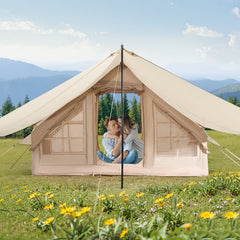 Inflatable Tents for Camping, 3-5 Person Easy Setup Blow up Tent with Hand Pump, 300D Oxford 4 Season Glamping Tent with Canopy, Stove Jack, 2 Doors & 2 Mesh Windows (Storage Bag Included)