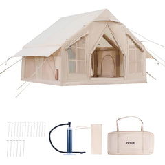Inflatable Tents for Camping, 4-6 Person Easy Setup Blow up Tent with Hand Pump, 300D Oxford 4 Season Glamping Tent with Stove Jack 2 Doors & 4 Mesh Windows, Storage Bag Included for Easy Taking