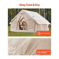 Inflatable Tents for Camping, 4-6 Person Easy Setup Blow up Tent with Hand Pump, 300D Oxford 4 Season Glamping Tent with Stove Jack 2 Doors & 4 Mesh Windows, Storage Bag Included for Easy Taking