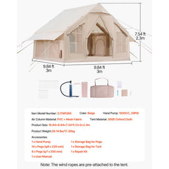 Inflatable Tents for Camping, 4-6 Person Easy Setup Blow up Tent with Hand Pump, 300D Oxford 4 Season Glamping Tent with Stove Jack 2 Doors & 4 Mesh Windows, Storage Bag Included for Easy Taking