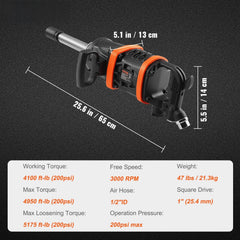 1 Inch Air Impact Wrench, Up to 5175 ft-lbs Beast Reverse Torque Output Pneumatic Impact Gun w/ 8 Inch Extended Anvil for Repairs_nd_aintenance of Heavy Duty Machinery / Semi-Truck / Bus