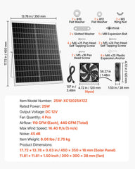 Solar Powered Fan, 25W Solar Panel with 4 Fans, Adjustable Solar Panel Angle, 2668 RPM High-Speed, Flexible Installation, Fast Air Exchange for Greenhouse, Grow Tents, Chicken Coops, Shelters