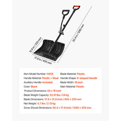 Snow Shovel for Driveway, 45.5cm Wide Snow Shovel with Assist D-shaped Handles, Non Slip Grip, Large Capacity Snowplow Shovels, Lightweight Snows Removal Tool for Garden Car Camping Outdoors