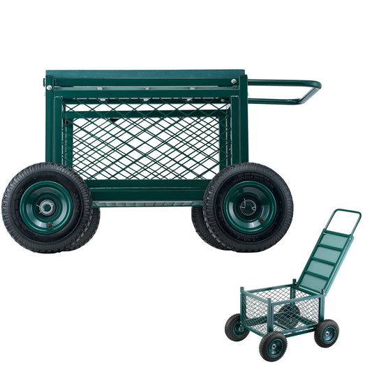 Rolling Garden Cart with Seat, Metal Rolling Garden Work Seat with Wheels, Supports up to 181 kg, Heavy Duty Gardening Cart Scooter, Outdoor Wagon & Stool on Wheels for Lawn, Patio, Backyard