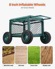 Rolling Garden Cart with Seat, Metal Rolling Garden Work Seat with Wheels, Supports up to 181 kg, Heavy Duty Gardening Cart Scooter, Outdoor Wagon & Stool on Wheels for Lawn, Patio, Backyard