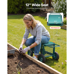 Rolling Garden Cart with Seat, Metal Rolling Garden Work Seat with Wheels, Supports up to 181 kg, Heavy Duty Gardening Cart Scooter, Outdoor Wagon & Stool on Wheels for Lawn, Patio, Backyard