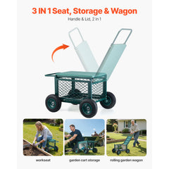 Rolling Garden Cart with Seat, Metal Rolling Garden Work Seat with Wheels, Supports up to 181 kg, Heavy Duty Gardening Cart Scooter, Outdoor Wagon & Stool on Wheels for Lawn, Patio, Backyard