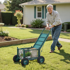 Rolling Garden Cart with Seat, Metal Rolling Garden Work Seat with Wheels, Supports up to 181 kg, Heavy Duty Gardening Cart Scooter, Outdoor Wagon & Stool on Wheels for Lawn, Patio, Backyard