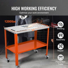 36" x 18" Welding Table, 1200lbs Load Capacity Steel Welding Workbench Table on Wheels, Portable Work Bench with Braking Lockable Casters, 4 Tool Slots, 5/8-inch Fixture Holes, Tool Tray