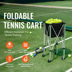Foldable Tennis Ball Hopper, Holds 180 Tennis Balls, Lightweight Aluminum Alloy Tennis Ball Basket Cart with Wheels, Removable Bag, Carry Bag, Portable Sports Teaching Cart for Tennis Player