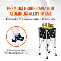 Foldable Tennis Ball Hopper, Holds 180 Tennis Balls, Lightweight Aluminum Alloy Tennis Ball Basket Cart with Wheels, Removable Bag, Carry Bag, Portable Sports Teaching Cart for Tennis Player