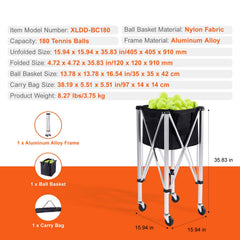 Foldable Tennis Ball Hopper, Holds 180 Tennis Balls, Lightweight Aluminum Alloy Tennis Ball Basket Cart with Wheels, Removable Bag, Carry Bag, Portable Sports Teaching Cart for Tennis Player