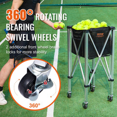 Foldable Tennis Ball Hopper, Holds 180 Tennis Balls, Lightweight Aluminum Alloy Tennis Ball Basket Cart with Wheels, Removable Bag, Carry Bag, Portable Sports Teaching Cart for Tennis Player