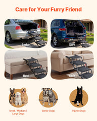 Dog Stairs for Car, 5 Steps Extra Wide Foldable Dog Ramp for Large Dogs with Non-Slip Rug Surface, Portable Lightweight Pet Ladder for Car, SUV, Truck, High Beds, Sofas, Support up to 91 kg