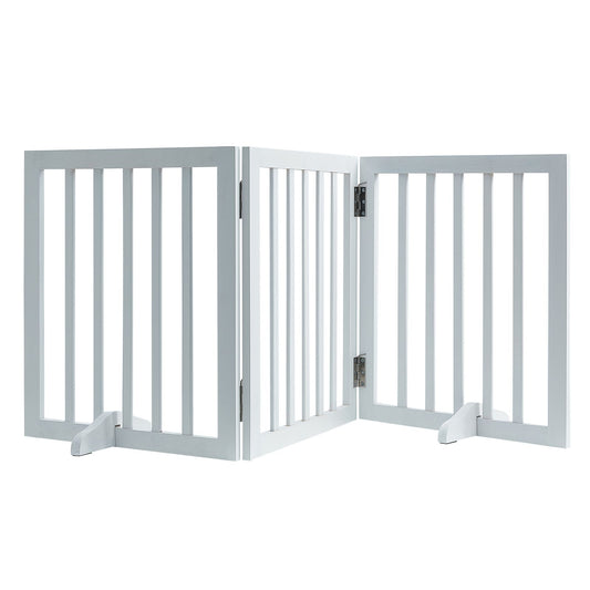 Free Standing Dog Gate, 24" H x 60" W Freestanding Pet Gate, 3 Panels Foldable Dog Gate for Wide and Narrow Passageways, Expandable Dog Barrier with Silent Foot Support for Indoor, White