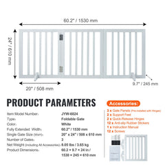 Free Standing Dog Gate, 24" H x 60" W Freestanding Pet Gate, 3 Panels Foldable Dog Gate for Wide and Narrow Passageways, Expandable Dog Barrier with Silent Foot Support for Indoor, White