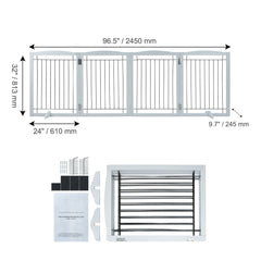Free Standing Dog Gate, 32" H x 96.5" W Freestanding Pet Gate, 4 Panels Foldable Dog Gate for Wide and Narrow Passageways, Expandable Dog Barrier with Silent Foot Support for Indoor, White