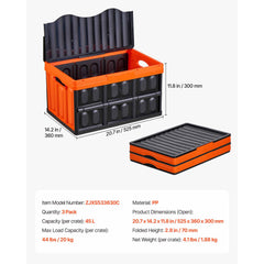 Plastic Collapsible Storage Bins with Lids, 45L 3Packs, Stackable Folding Storage Crates with Handles, Holds 20 kg Per Bin, Heavy Duty Containers, Space-Saving Baskets, for Home Organizing