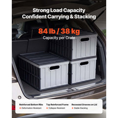 Plastic Collapsible Storage Bins with Lids, 65L 3 Packs, Stackable Folding Storage Crates with Handles, Holds 38 kg Per Bin, Heavy Duty Containers, Space-Saving Baskets, for Home Organizing