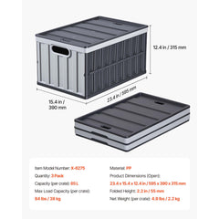 Plastic Collapsible Storage Bins with Lids, 65L 3 Packs, Stackable Folding Storage Crates with Handles, Holds 38 kg Per Bin, Heavy Duty Containers, Space-Saving Baskets, for Home Organizing