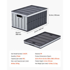 Plastic Collapsible Storage Bins with Lids, 65L 2 Packs, Stackable Folding Storage Crates with Handles, Holds 38 kg Per Bin, Heavy Duty Containers, Space-Saving Baskets, for Home Organizing
